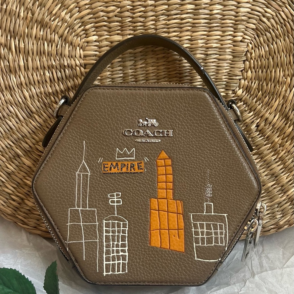 Coach Basquiat Hexagonal Beige Brown Leather Hand Bag